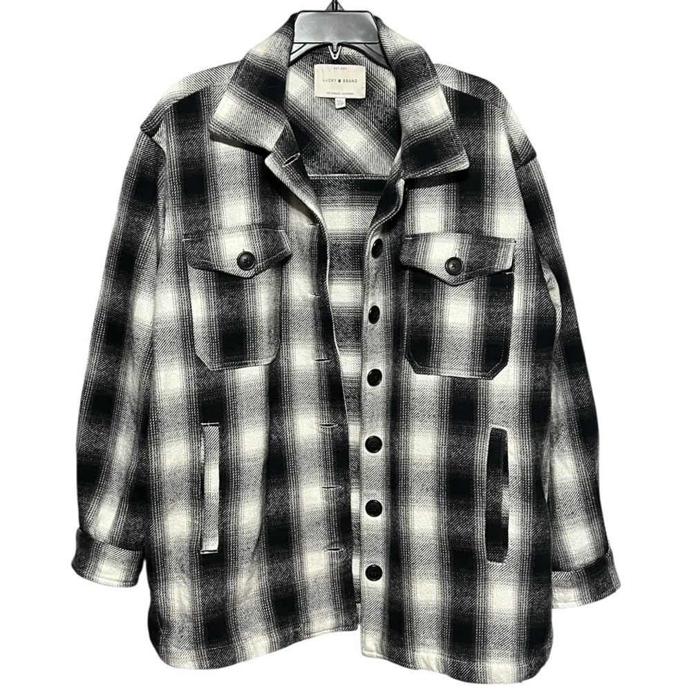 Lucky Brand Oversized Plaid Shacket Medium Black White 100% Cotton Shirt Jacket